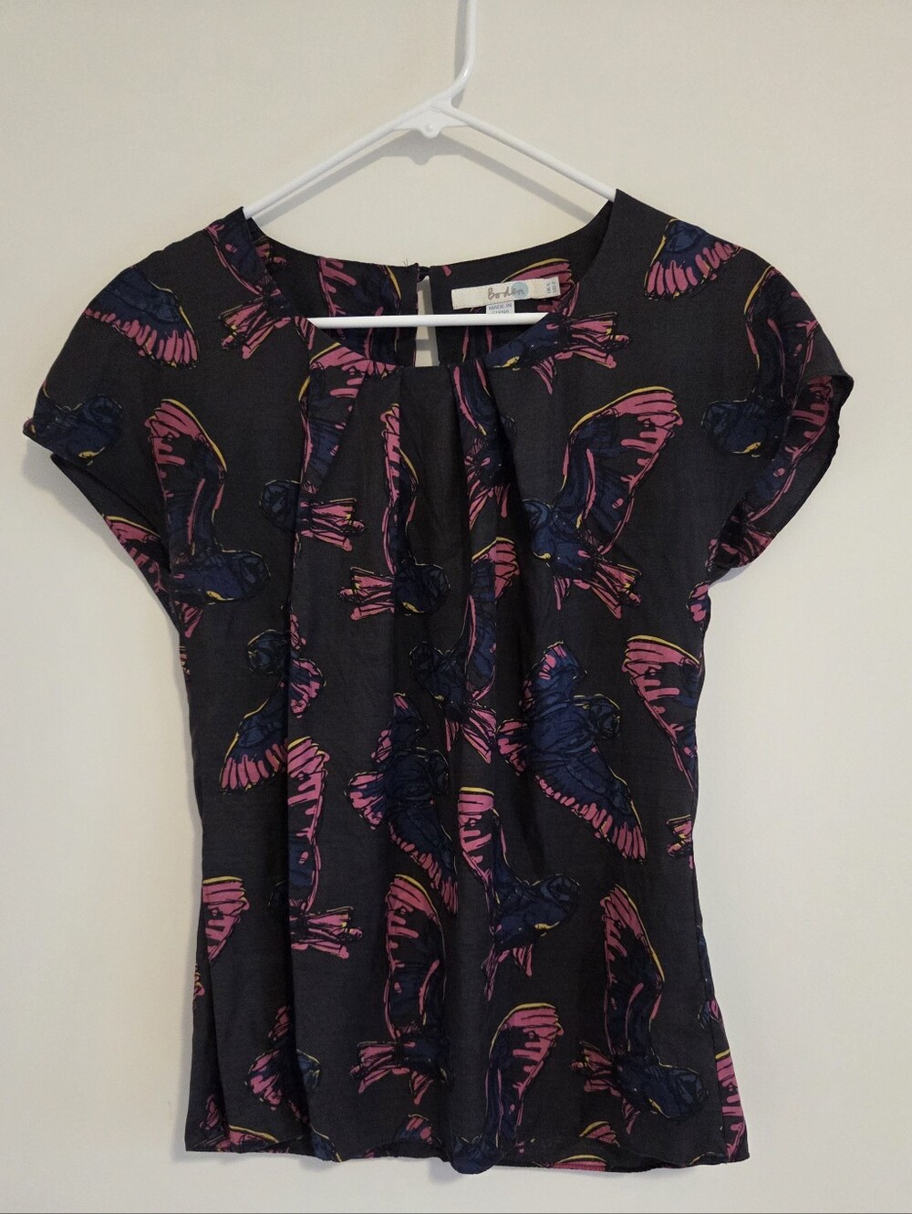 Boden Ravello Silk Blend Blouse Black With Vibrant Blue Bird Print